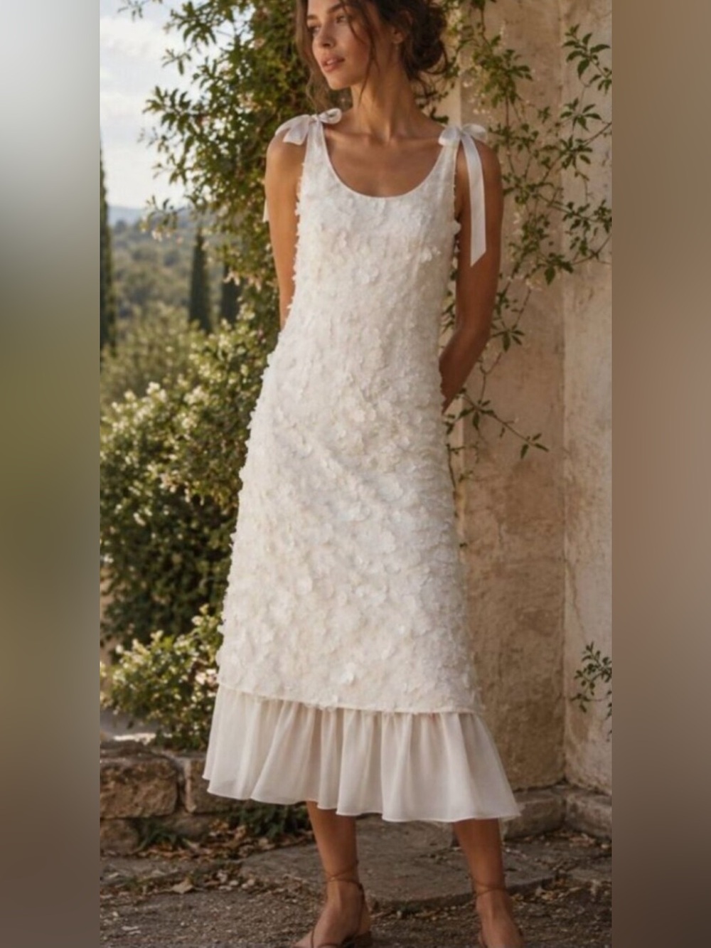 ANTHROPOLOGIE EN SAISON EMRYN SEQUIN A-LINE BOW CREAM MIDI DRESS S/ M NWT